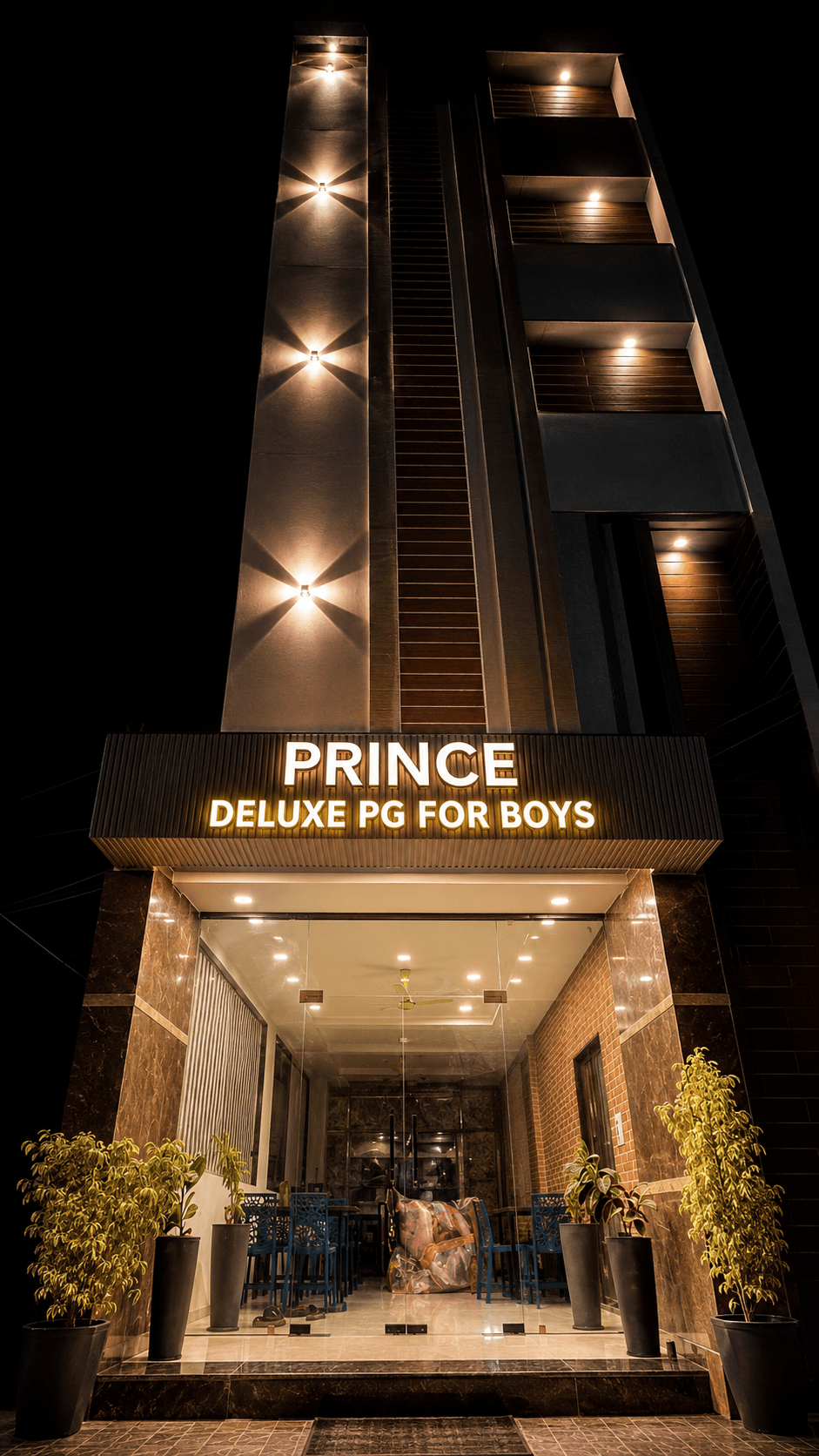 Illuminated entrance of Prince Deluxe PG For Boys in Shamshabad