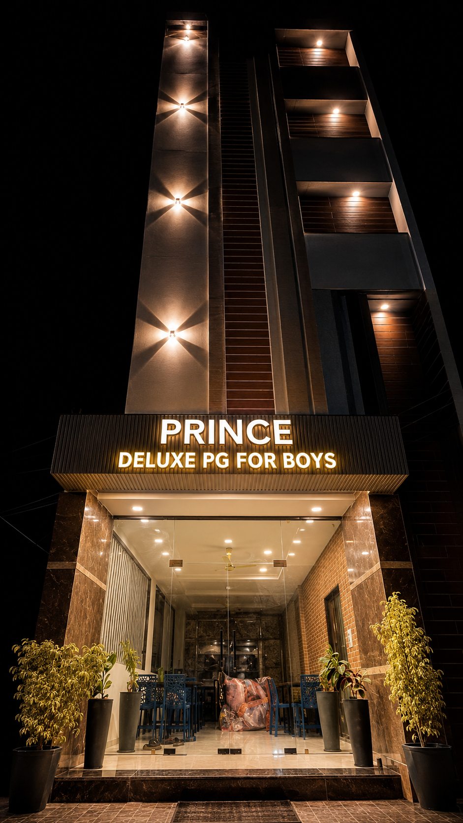 Illuminated entrance of Prince Deluxe PG For Boys in Shamshabad